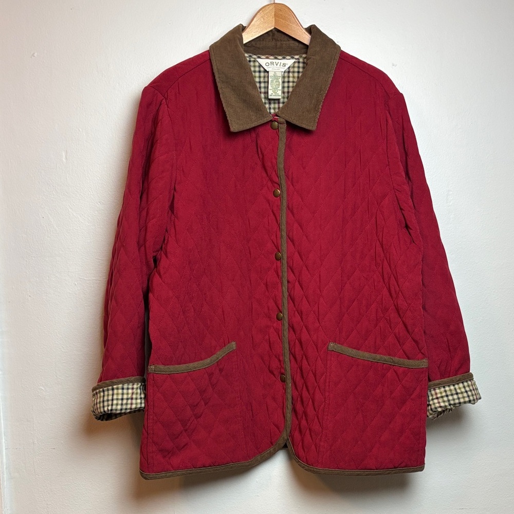 VTG‎ Orvis Women's XL Diamond Quilted Barn Chore Coat Jacket Red Plaid Lining